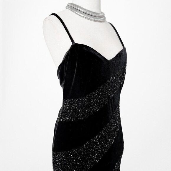 Vintage Black Velvet Beaded Maxi Bodycon Cocktail Formal Prom Dress Size M/L - Picture 6 of 7